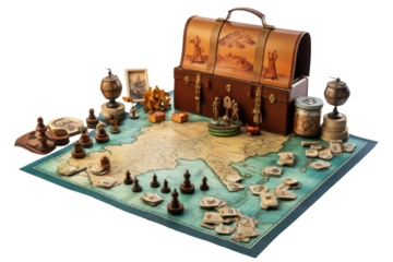 Chess Game on Map With Trunk. On a White or Clear Surface PNG Transparent Background.