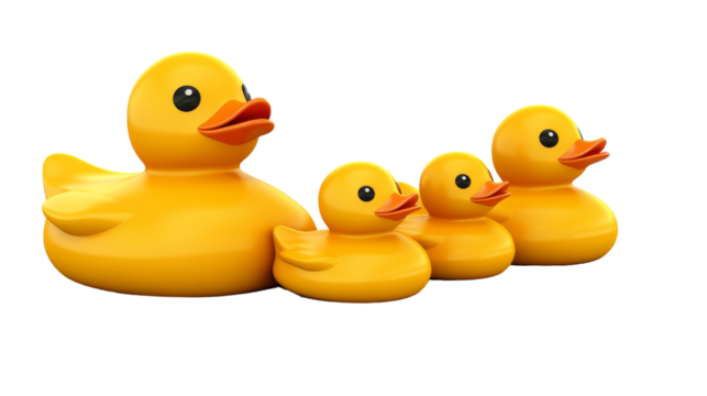 A group of yellow rubber ducks sitting closely together in a row