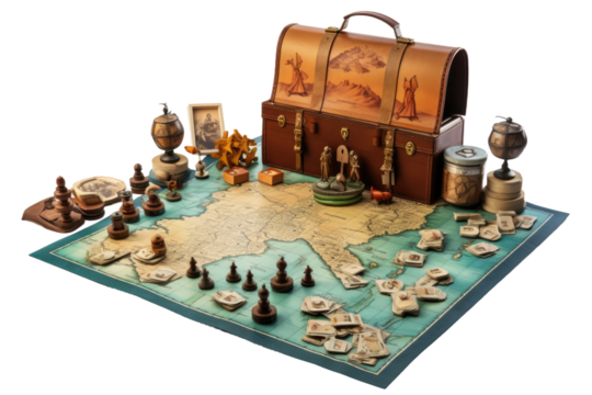 Chess Game on Map With Trunk. On a White or Clear Surface PNG Transparent Background.