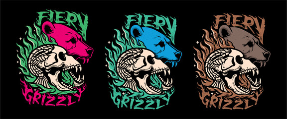 Fiery Grizzly T Shirt Design Vector illustration