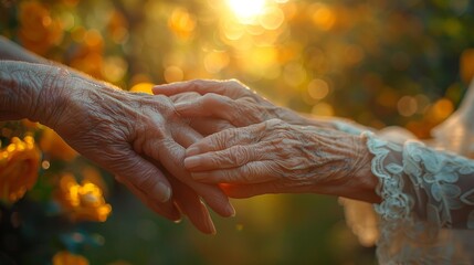 In a nursing home, an elderly woman drinks tea while holding the hand of the caregiver as they...