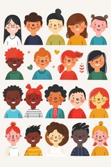 Fototapeta premium Variety of cartoon vector children in colorful outfits. A diverse group of cartoon children standing in row wearing various colorful outfits representing different styles and personalities 