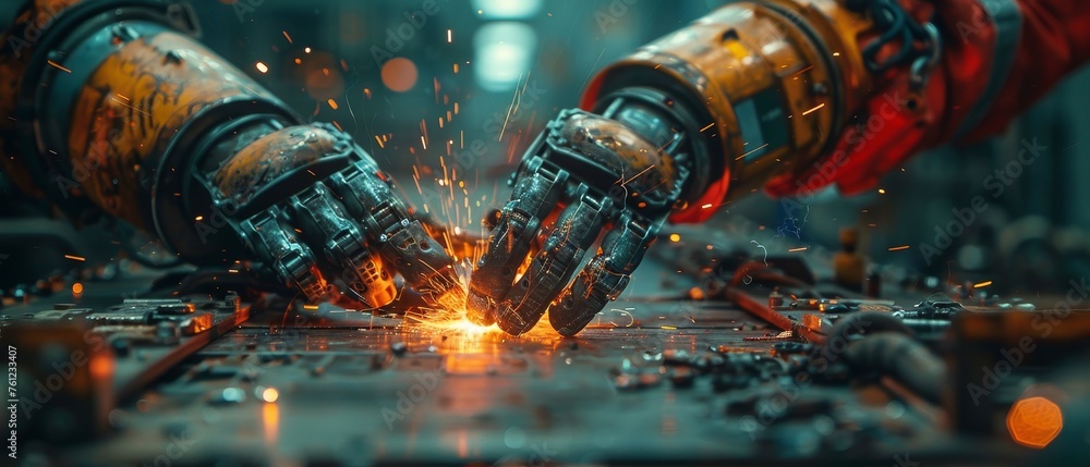 Aufkleber The image depicts an engineer checking and controlling welding robotics automated arms with a machine in an intelligent factory automotive industrial using a UI monitoring system.