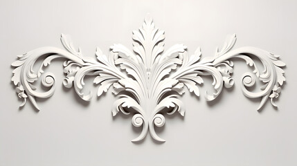 Baroque style White decorative relief on the wall, 3D illustration of beautiful detailed ornament with acanthus leaves