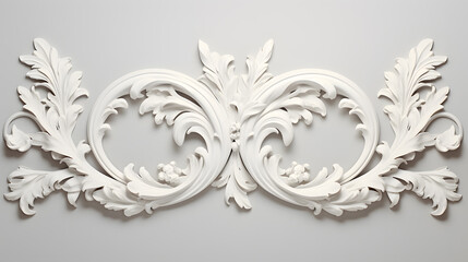 Baroque style White decorative relief on the wall, 3D illustration of beautiful detailed ornament with acanthus leaves