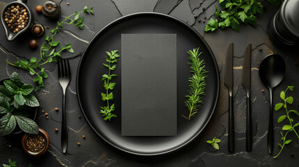 Mockup of a blank dark checklist on a plate with cutlery and a template for food. Black deluxe dishware with knife and fork mockup. - obrazy, fototapety, plakaty