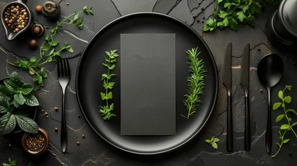 Fototapeten Mockup of a blank dark checklist on a plate with cutlery and a template for food. Black deluxe dishware with knife and fork mockup. © Zaleman