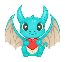 Cute green dragon character with a heart. The little cartoon dragon holds a red heart in its paws. Relationship concept. Design for stickers, children's room, coloring books, greeting cards.