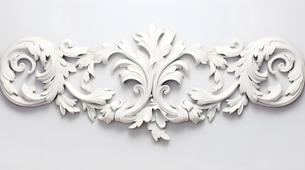 Baroque style White decorative relief on the wall, 3D illustration of beautiful detailed ornament with acanthus leaves