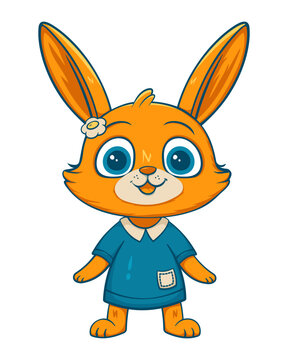 Vector cartoon bunny girl. Orange rabbit in a blue dress with flower and big blue eyes. Vector illustration of animal for postcard or clothes. Vector illustration isolated on white background