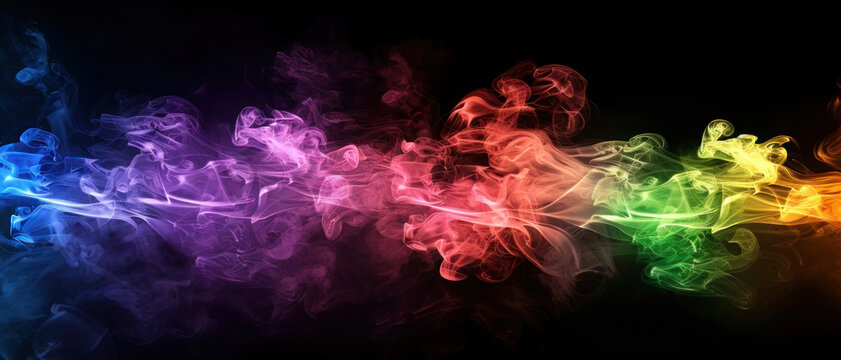 Abstract thin streams of colorful multi-colored smoke, chaotically intertwining with each other on black background. Abstract rainbow smoke