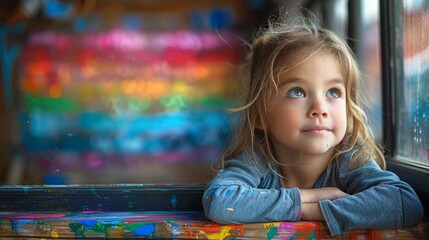 A child draws a rainbow on his window on Autism Awareness Day, 2 April; quarantine of the Coronavirus pandemic. Children create art, paint, and create. - obrazy, fototapety, plakaty