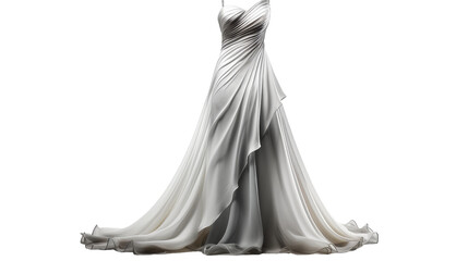 A white dress elegantly drapes over a mannequin on a pure white background - obrazy, fototapety, plakaty