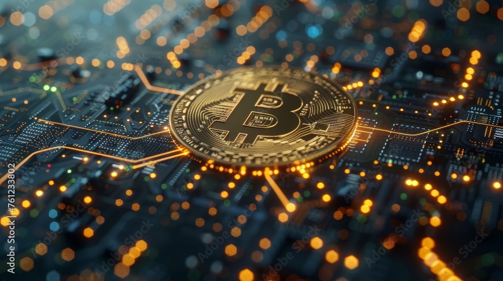 Fototapete An illustration of the bitcoin blockchain crypto currency, digital encryption, digital currency exchange, and the technology global network connections background. 3D rendering.