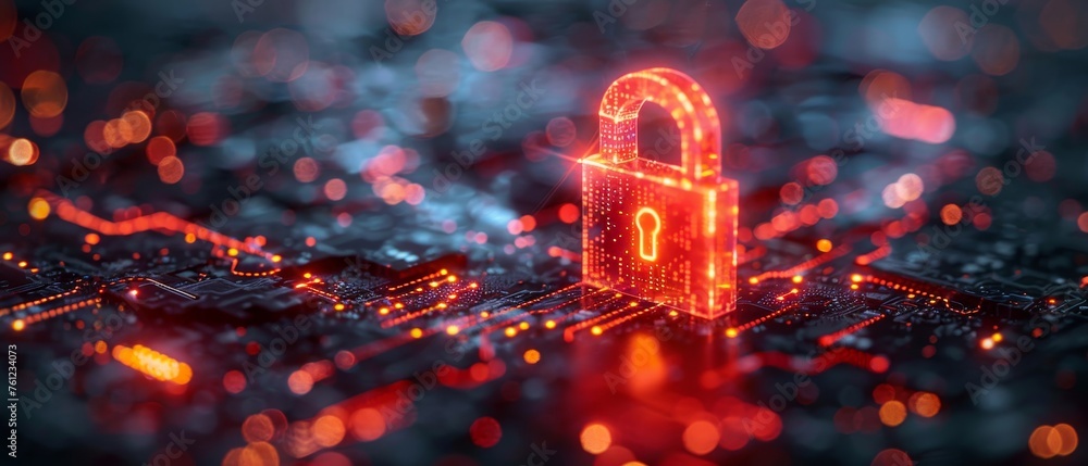 Poster A digital padlock icon, network data protection technology virtual dashboard, online internet authorization access against cyber attacks, business data privacy concept.