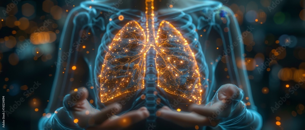 Aufkleber doctor working on a modern interface screen diagnosing and treating a virtual human lung and long co