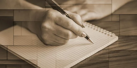Foto op Plexiglas Female hand writing on notebook, geometric pattern © thodonal