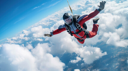 Skydiving man in red suit above clouds