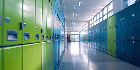Row of blue and green lockers indoors, School corridor with lockers, 
