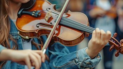 Adolescent high schoolers playing and studying the violin in an outdoor setting, showcasing their passion for music and artistic pursuits. - obrazy, fototapety, plakaty