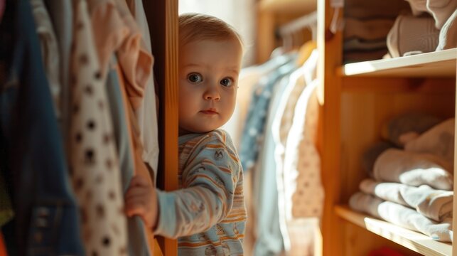 Toddler playing in parents wardrobe, hiding in clothes Candid moment of child play, early development