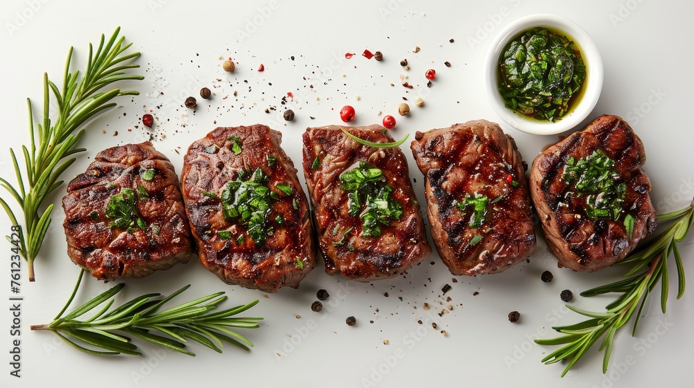 Aufkleber Concept of a mockup of a barbecue steak set on a white background with text and logo copy space. Clipping path is included on this mockup.
