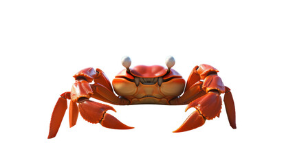 A vibrant orange crab with two claws on its back moving gracefully along the sandy shore