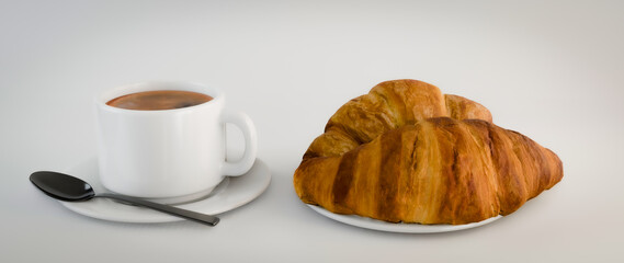 coffee and croissant isolated on white background