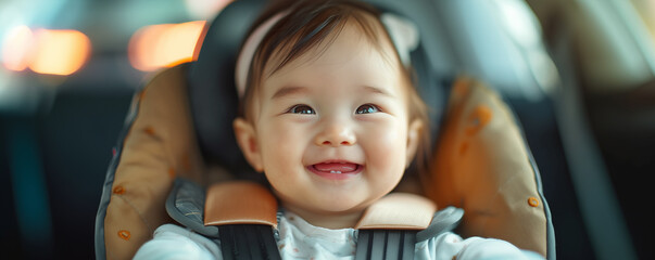 Little asian baby girl in safe car seat. Shallow depth of field.