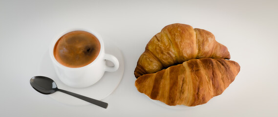coffee and croissant isolated on white background - 761234497