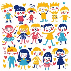 Fototapeta premium Variety of cartoon vector children in colorful outfits. A diverse group of cartoon children standing in row wearing various colorful outfits representing different styles and personalities 
