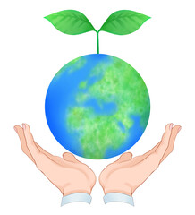 地球と包む手　環境　エコ　エコロジー　素材　イメージ　サスティナブル　脱炭素　SDGs ナチュラル　芽　世界　挿絵　白背景　白バック　透過