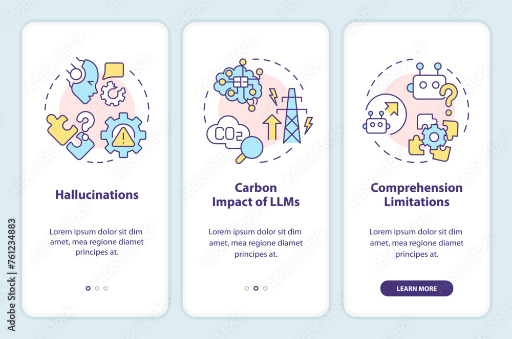 Leinwandbilder LLM limitations onboarding mobile app screen. Artificial intelligence. Walkthrough 3 steps editable graphic instructions with linear concepts. UI, UX, GUI template. Myriad Pro-Bold, Regular fonts used