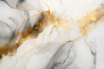 Abstract background of white and gray marble. Glossy ink with gold veins