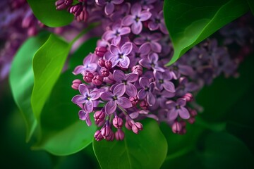 Cluster of Purple Lilac Flowers With Green Leaves