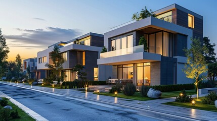 Urban development: sunset cityscape of contemporary housing.