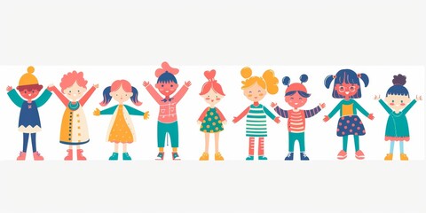Fototapeta premium Variety of cartoon vector children in colorful outfits. A diverse group of cartoon children standing in row wearing various colorful outfits representing different styles and personalities 