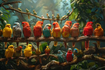 Professional Photography of a Colorful Array of Tropical Birds Perched on Branches in a Lush...