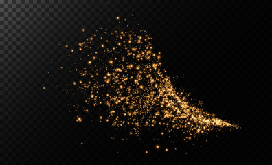 Sparks of dust and golden stars shine with special light. Vector sparks on transparent dark background. Christmas light effect. Sparkling magic dust particles.