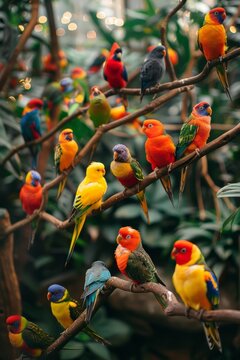 Professional Photography of a Colorful Array of Tropical Birds Perched on Branches in a Lush Aviary, Generative AI