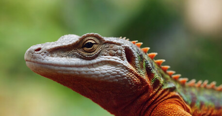 Smiling gecko with vibrant yellow and orange scales poses against green background.