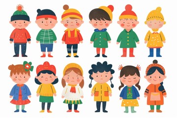 Variety of cartoon vector children in colorful outfits. A diverse group of cartoon children standing in row wearing various colorful outfits representing different styles and personalities 