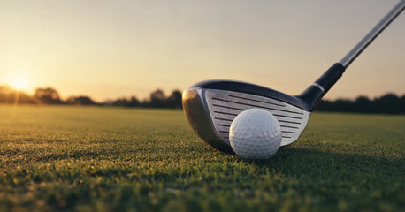 Golf ball rests on lush green course at sunset, epitomizing leisurely outdoor sports and precision training.