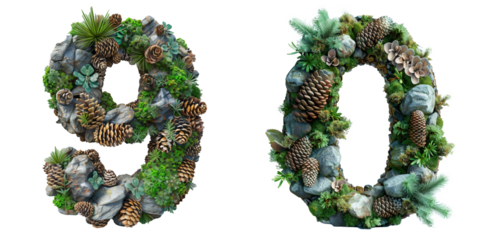 Forest Floor Alphabet: Numbers 9, 0 Composed of Pine Cones, Moss, and Pebbles
