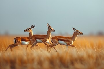 Professional Photography of a Family of Graceful Gazelles Leaping and Bounding Across Their Expansive Grassland Habitat, Generative AI