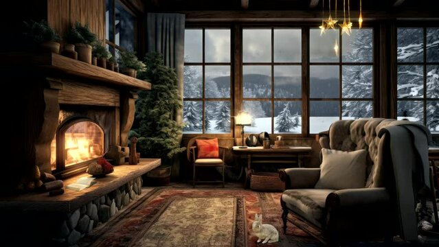 Winter Hearth: A Warm Living Room Amidst the Chill of Snow, with a Crackling Campfire