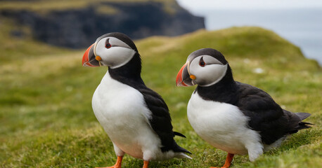 Adorable puffin standing on grassy cliff overlooking the atlantic ocean in iceland.