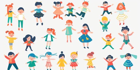 Fototapeta na wymiar Variety of cartoon vector children in colorful outfits. A diverse group of cartoon children standing in row wearing various colorful outfits representing different styles and personalities 