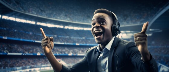 Football commentator with headphones, gesturing excitedly, with a blurred football stadium