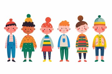 Variety of cartoon vector children in colorful outfits. A diverse group of cartoon children standing in row wearing various colorful outfits representing different styles and personalities 